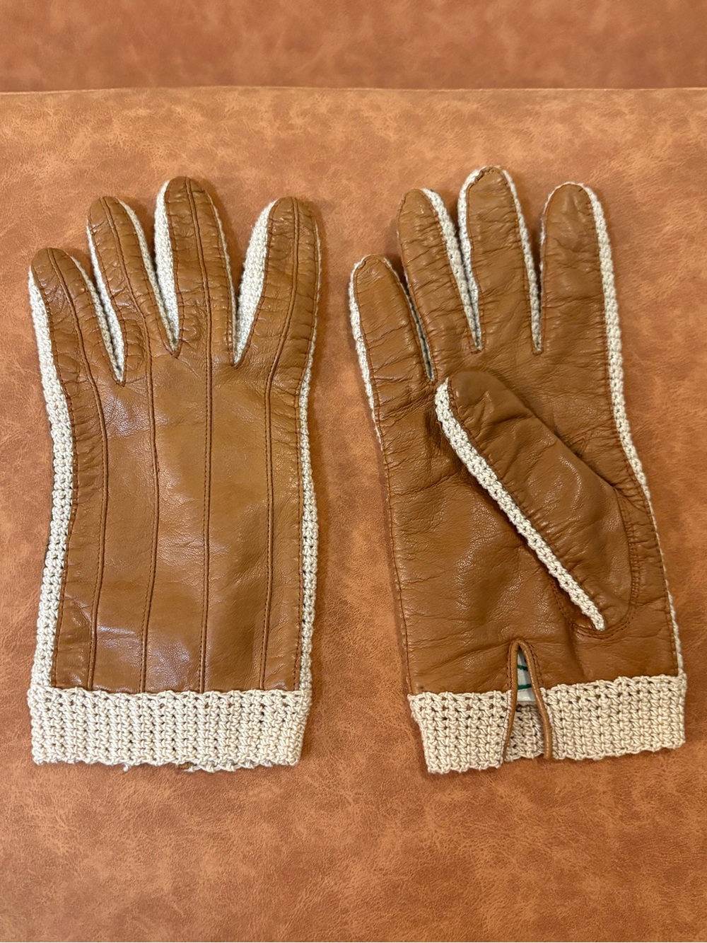 Vintage Yorker Leather Crochet Driving Gloves Made in Italy Size 8.5 Brown